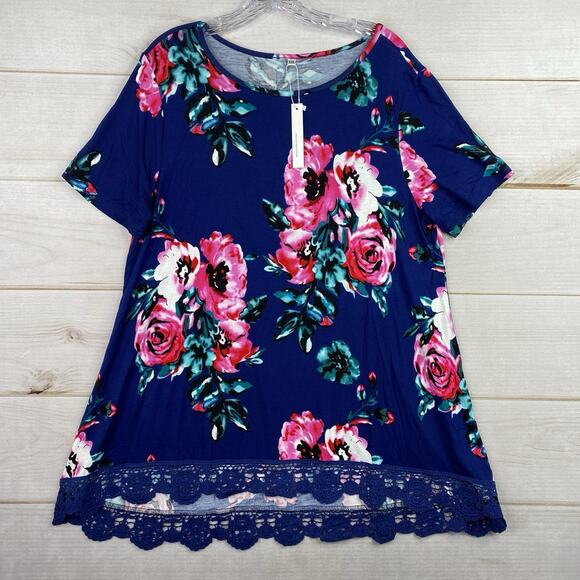 Qixing Womens Tunic Top XXL Blue Floral Crochet Trim Short Sleeve Boho Colorful - Picture 1 of 11